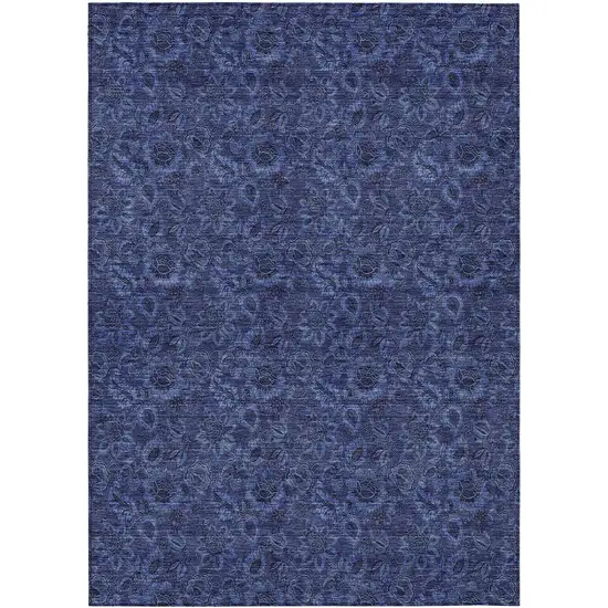 Navy Blue Blue And Charcoal Floral Washable Indoor Outdoor Area Rug Photo 2