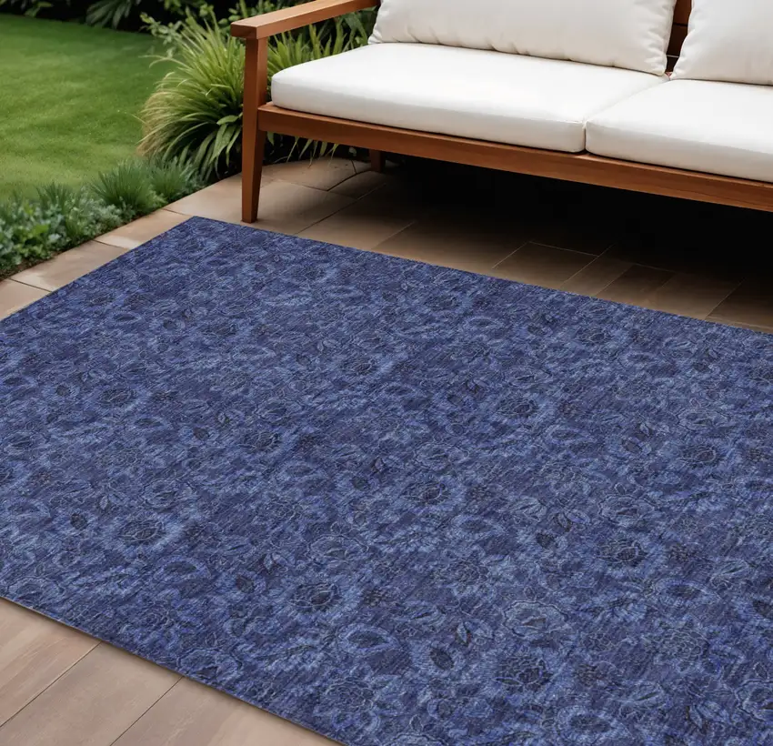 Navy Blue Blue And Charcoal Floral Washable Indoor Outdoor Area Rug Photo 1