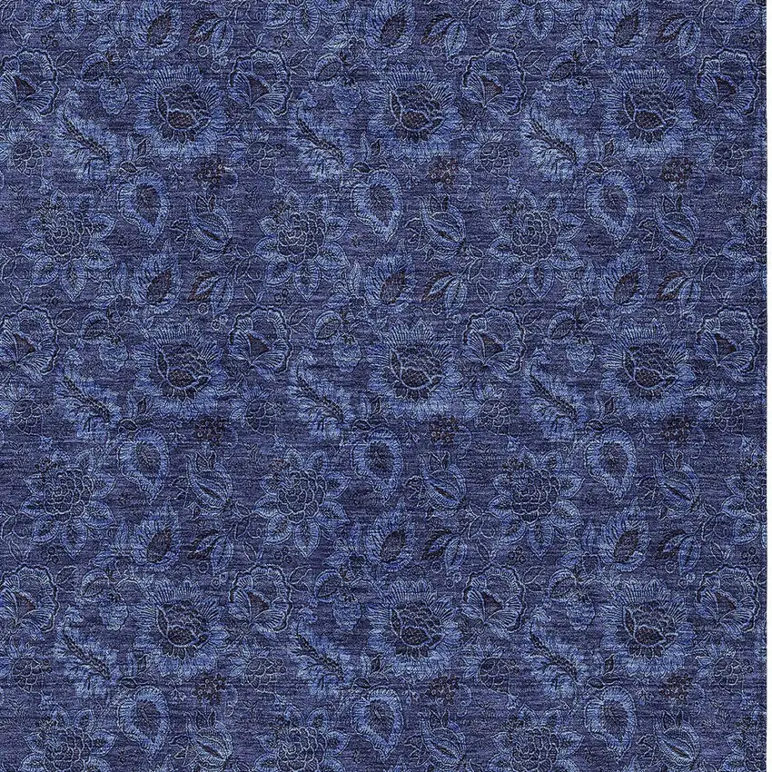 Navy Blue Blue And Charcoal Floral Washable Indoor Outdoor Area Rug Photo 6