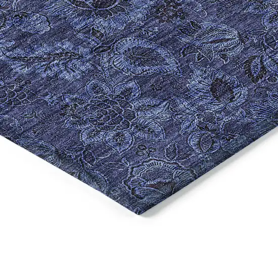 Navy Blue Blue And Charcoal Floral Washable Indoor Outdoor Area Rug Photo 5