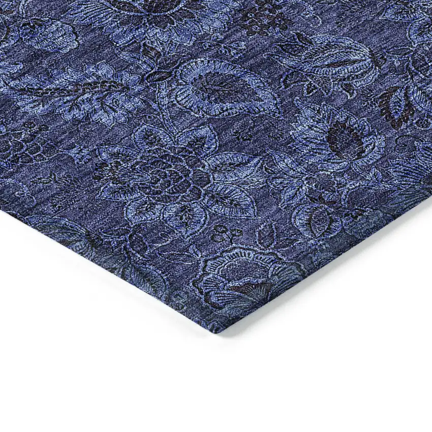 Navy Blue Blue And Charcoal Floral Washable Indoor Outdoor Area Rug Photo 5