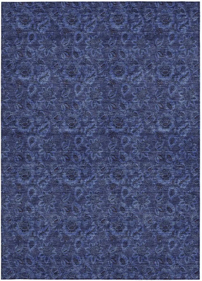 Navy Blue Blue And Charcoal Floral Washable Indoor Outdoor Area Rug Photo 7