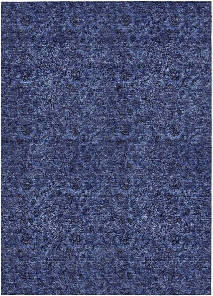Navy Blue Blue And Charcoal Floral Washable Indoor Outdoor Area Rug Photo 7