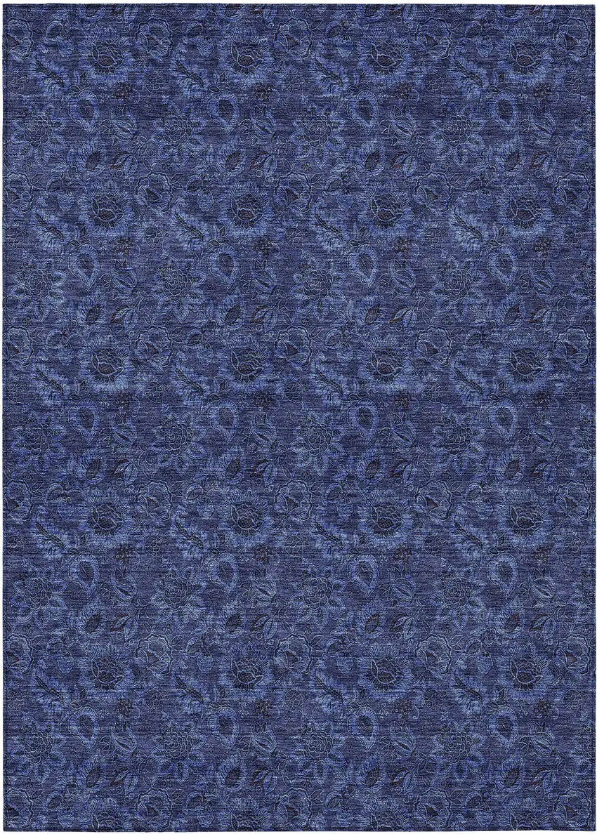 Navy Blue Blue And Charcoal Floral Washable Indoor Outdoor Area Rug Photo 2
