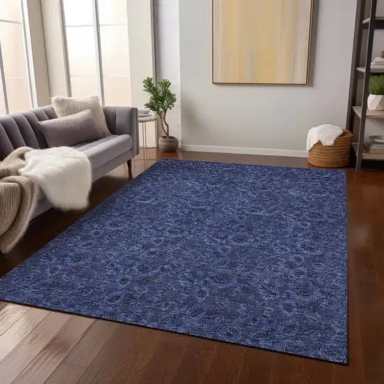 Navy Blue Blue And Charcoal Floral Washable Indoor Outdoor Area Rug Photo 9
