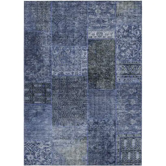 Navy Blue Blue And Charcoal Patchwork Washable Indoor Outdoor Area Rug Photo 7