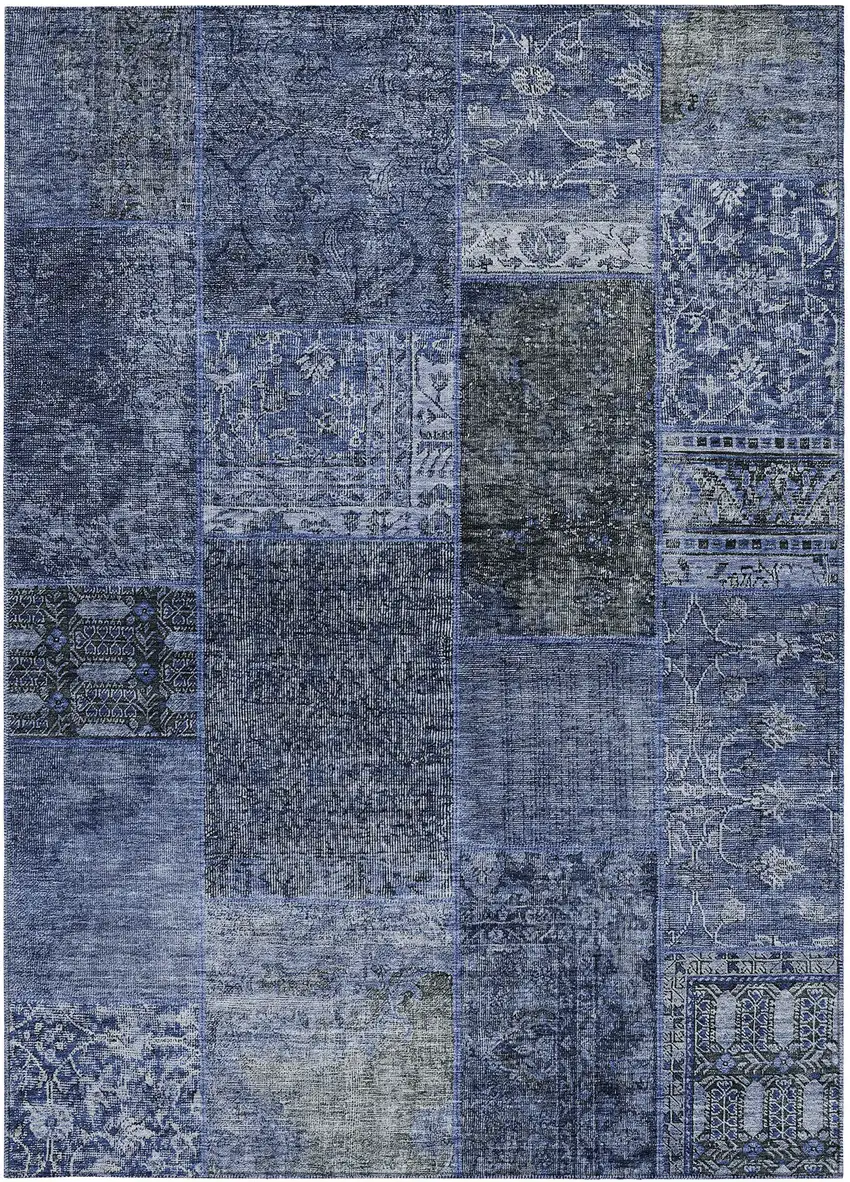 Navy Blue Blue And Charcoal Patchwork Washable Indoor Outdoor Area Rug Photo 7