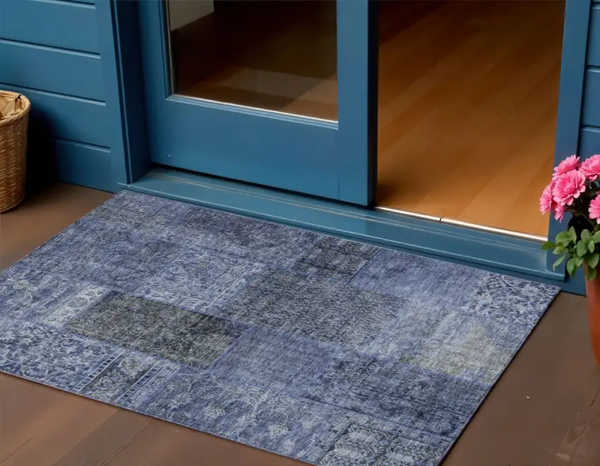 Navy Blue Blue And Charcoal Patchwork Washable Indoor Outdoor Area Rug Photo 1