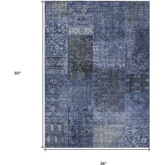 Navy Blue Blue And Charcoal Patchwork Washable Indoor Outdoor Area Rug Photo 3