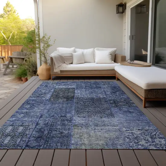 Navy Blue Blue And Charcoal Patchwork Washable Indoor Outdoor Area Rug Photo 8