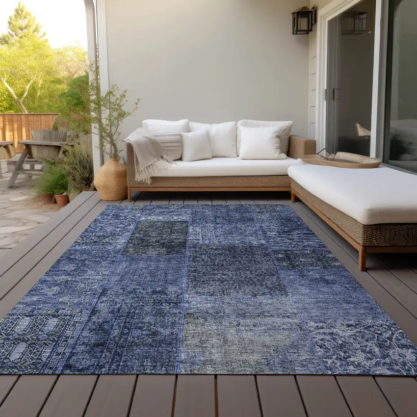 Navy Blue Blue And Charcoal Patchwork Washable Indoor Outdoor Area Rug Photo 8