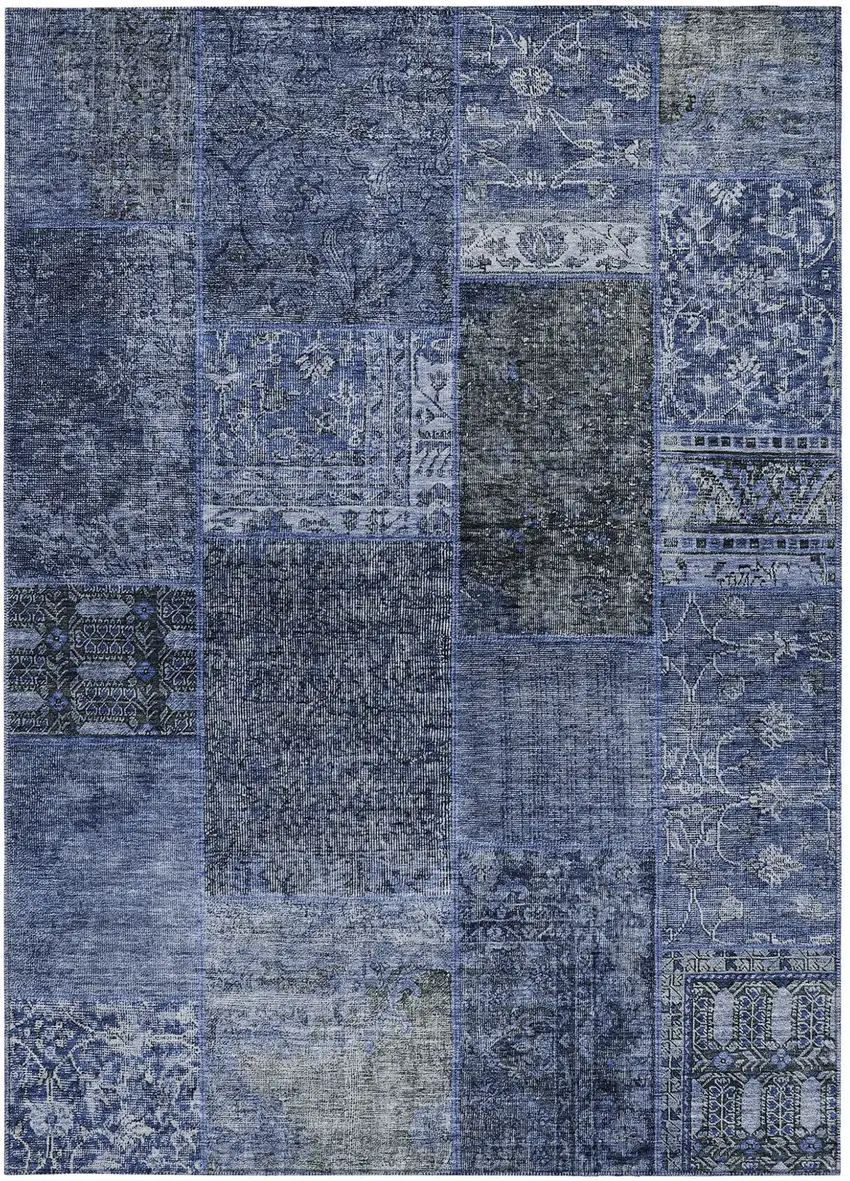 Navy Blue Blue And Charcoal Patchwork Washable Indoor Outdoor Area Rug Photo 8