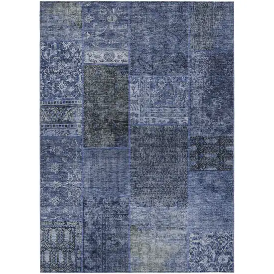 Navy Blue Blue And Charcoal Patchwork Washable Indoor Outdoor Area Rug Photo 2