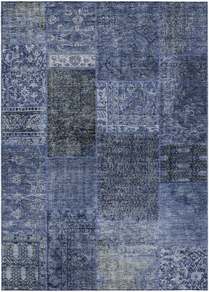 Navy Blue Blue And Charcoal Patchwork Washable Indoor Outdoor Area Rug Photo 2