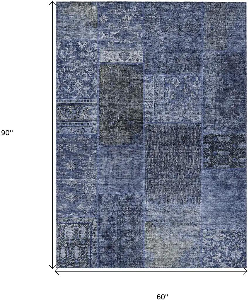 Navy Blue Blue And Charcoal Patchwork Washable Indoor Outdoor Area Rug Photo 3