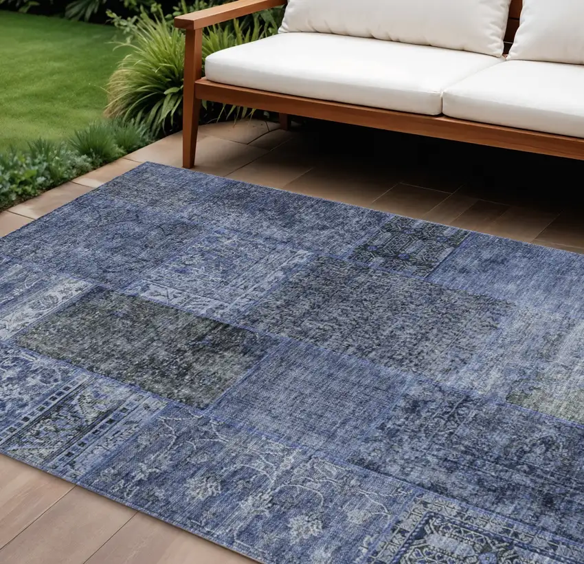 Navy Blue Blue And Charcoal Patchwork Washable Indoor Outdoor Area Rug Photo 1