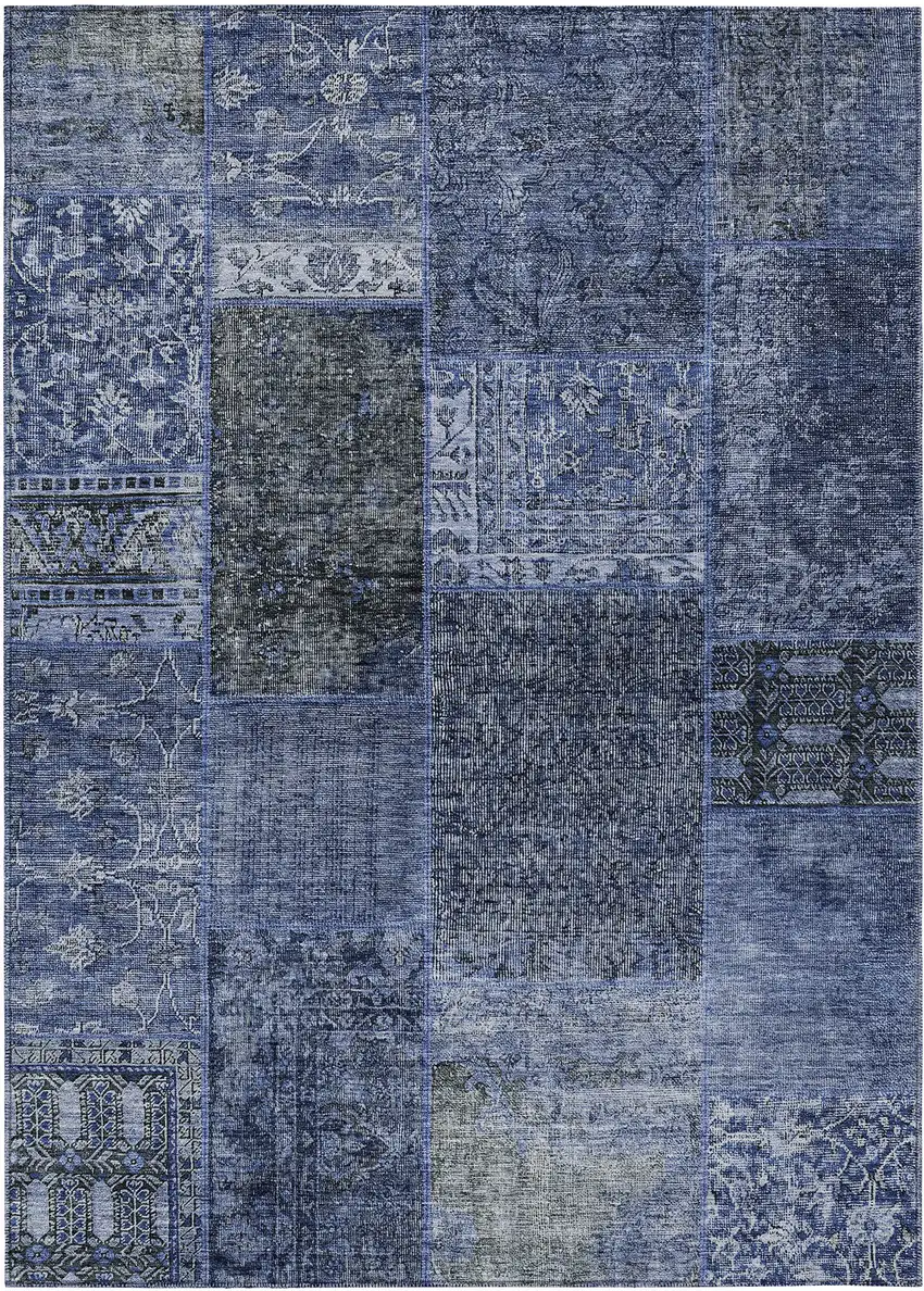 Navy Blue Blue And Charcoal Patchwork Washable Indoor Outdoor Area Rug Photo 2