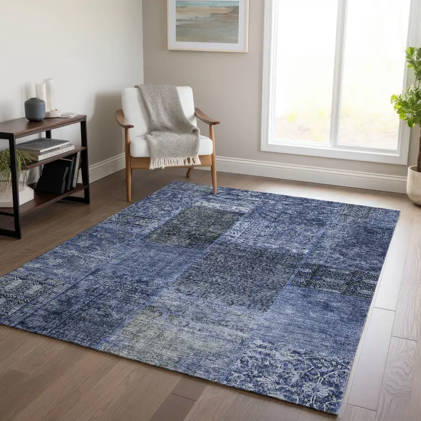 Navy Blue And Charcoal Patchwork Washable Indoor Outdoor Area Rug Photo 9