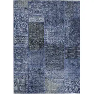 Photo of Navy Blue Blue And Charcoal Patchwork Washable Indoor Outdoor Area Rug