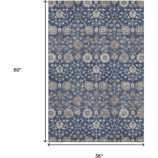 Navy Blue Brown And Beige Floral Washable Area Rug With UV Protection Photo 3