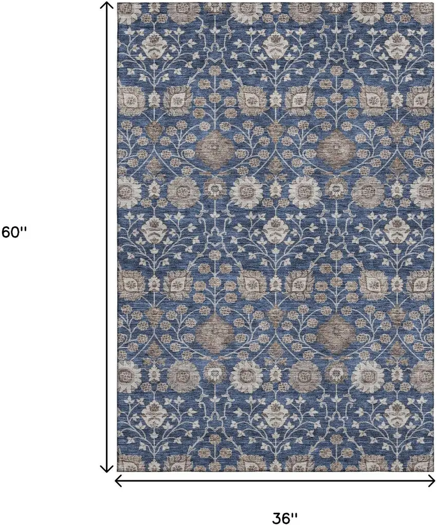Navy Blue Brown And Beige Floral Washable Area Rug With UV Protection Photo 3