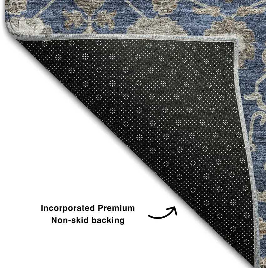 Navy Blue Brown And Beige Floral Washable Area Rug With UV Protection Photo 6