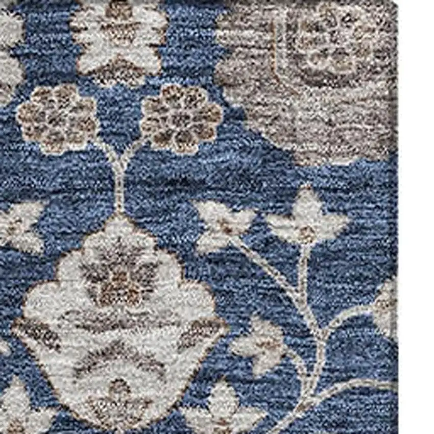 Navy Blue Brown And Beige Floral Washable Area Rug With UV Protection Photo 2