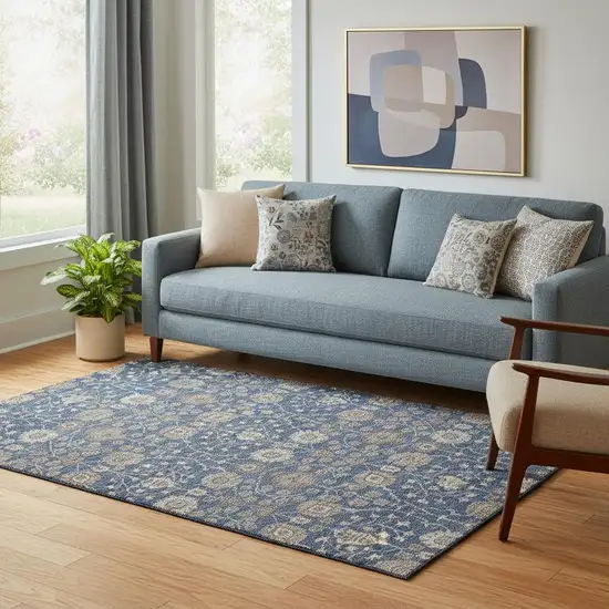 Navy Blue Brown And Beige Floral Washable Area Rug With UV Protection Photo 2