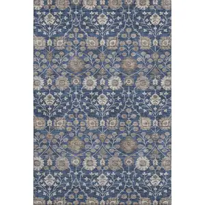 Photo of Navy Blue Brown And Beige Floral Washable Area Rug With UV Protection