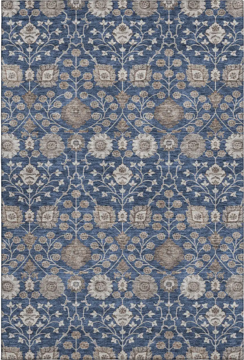 Navy Blue Brown And Beige Floral Washable Area Rug With UV Protection Photo 1