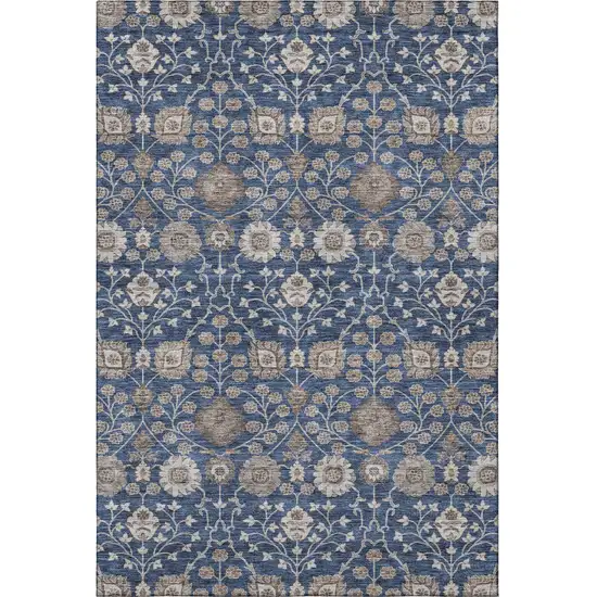 Navy Blue Brown And Beige Floral Washable Area Rug With UV Protection Photo 3