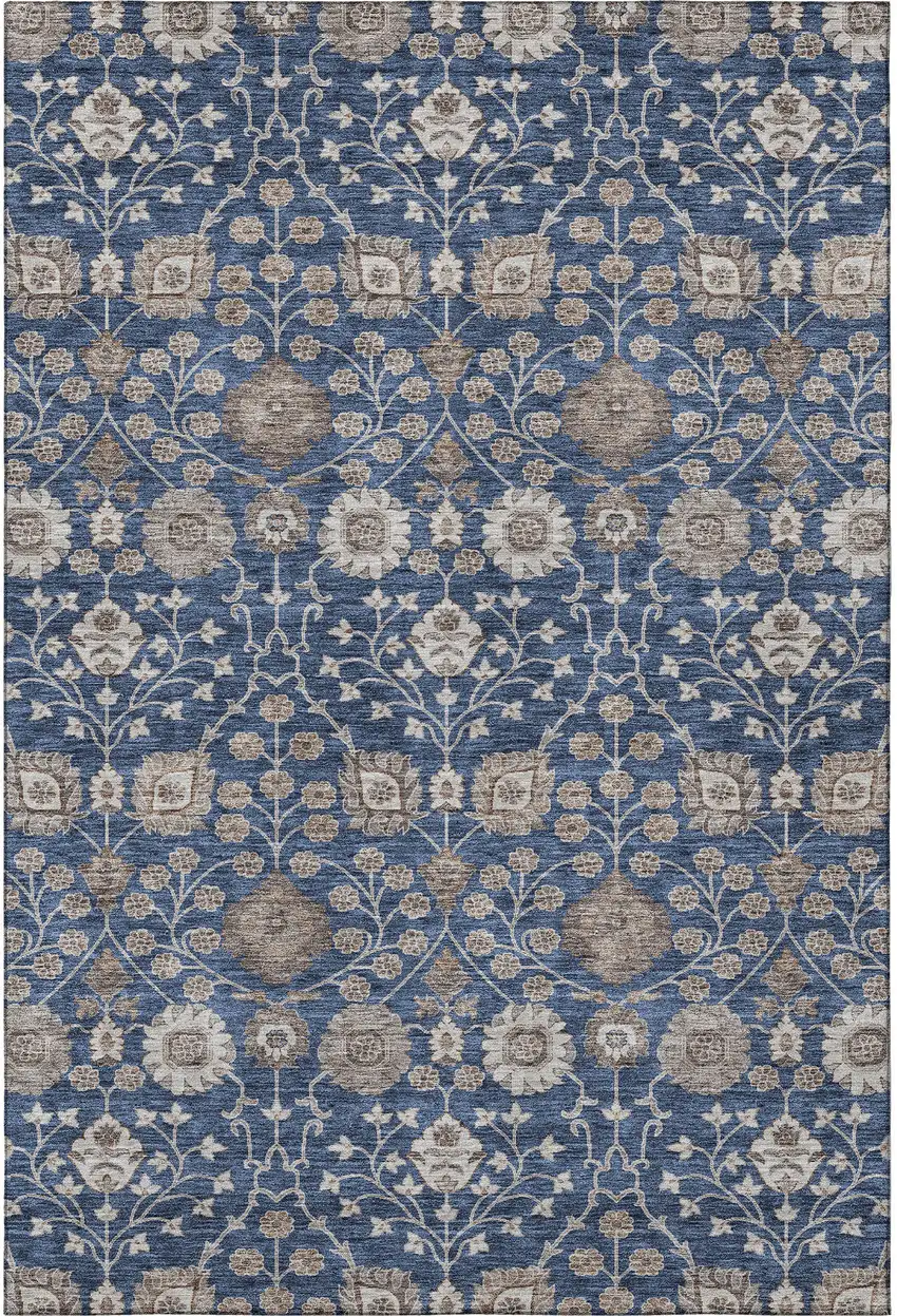 Navy Blue Brown And Beige Floral Washable Area Rug With UV Protection Photo 3