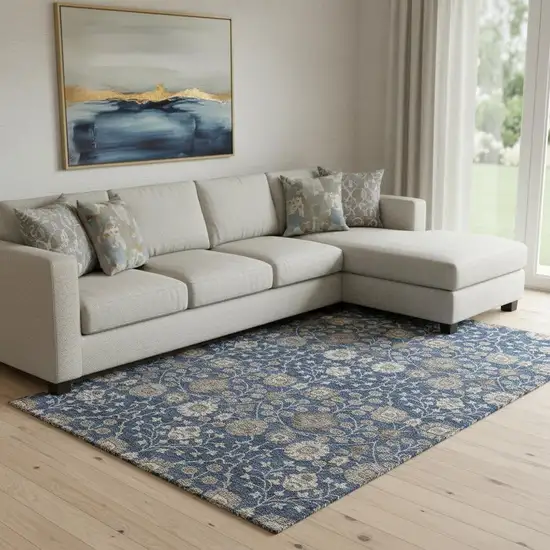 Navy Blue Brown And Beige Floral Washable Area Rug With UV Protection Photo 2