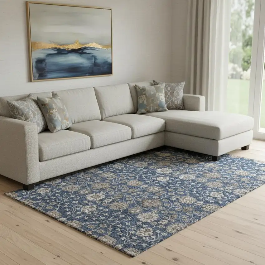 Navy Blue Brown And Beige Floral Washable Area Rug With UV Protection Photo 2