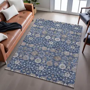 Photo of Navy Blue Brown And Beige Floral Washable Area Rug With UV Protection
