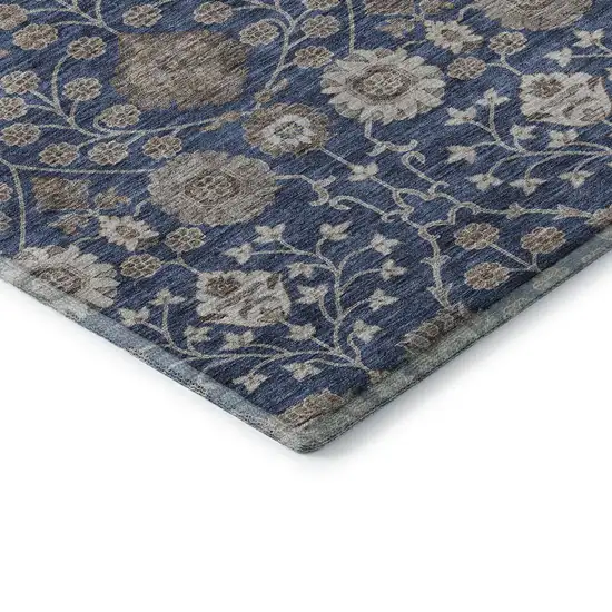 Navy Blue Brown And Beige Floral Washable Area Rug With UV Protection Photo 7