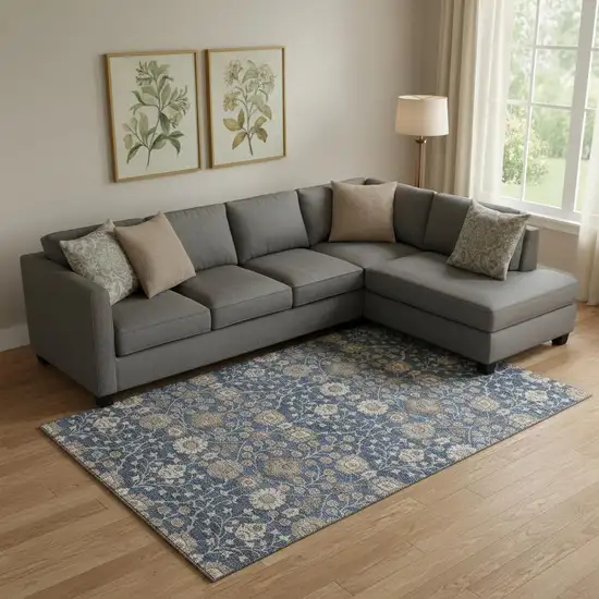 Navy Blue Brown And Beige Floral Washable Area Rug With UV Protection Photo 2