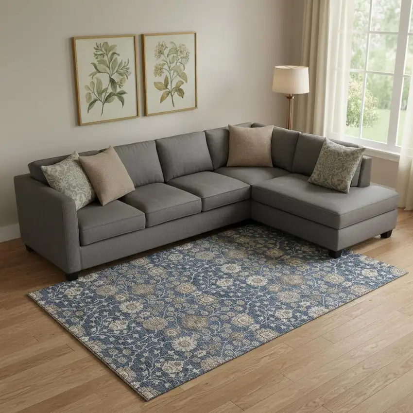 Navy Blue Brown And Beige Floral Washable Area Rug With UV Protection Photo 2