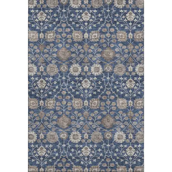 Navy Blue Brown And Beige Floral Washable Area Rug With UV Protection Photo 1