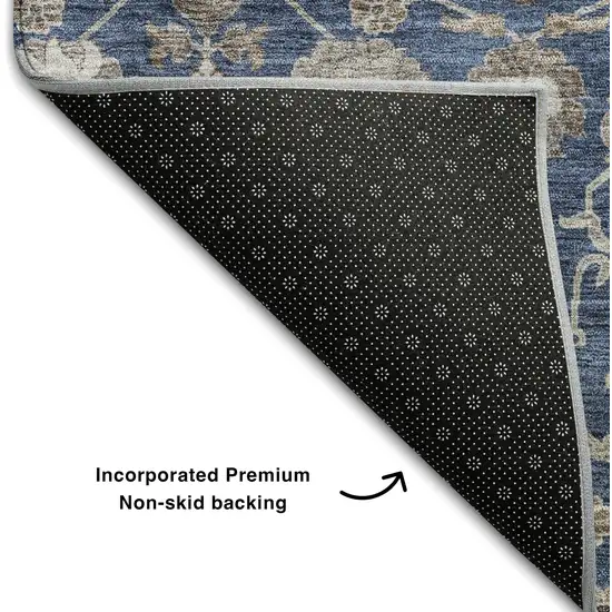 Navy Blue Brown And Beige Floral Washable Area Rug With UV Protection Photo 6