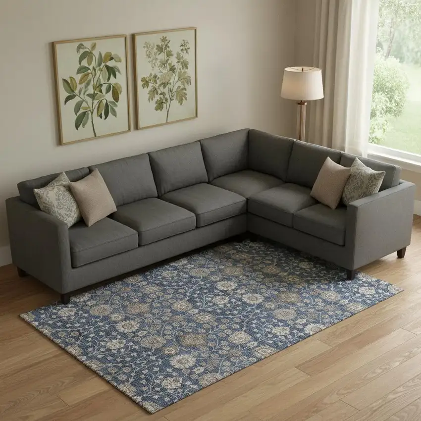 Navy Blue Brown And Beige Floral Washable Area Rug With UV Protection Photo 2