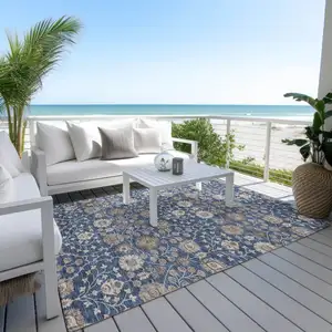 Photo of Navy Blue Brown And Beige Floral Washable Indoor Outdoor Area Rug