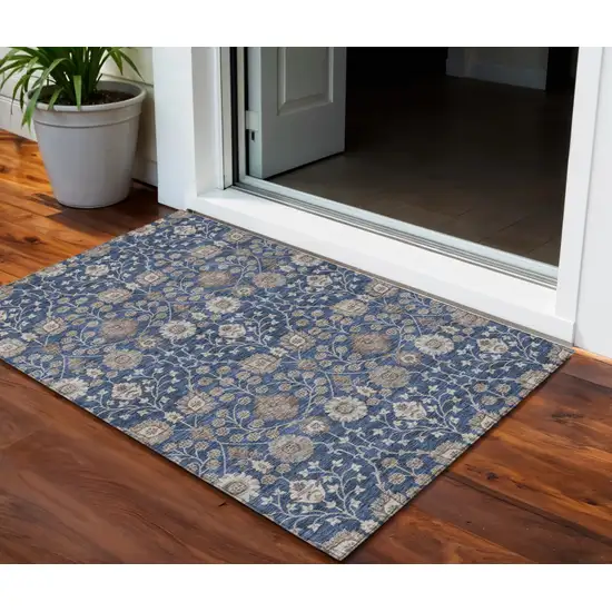 Navy Blue Brown And Beige Floral Washable Indoor Outdoor Area Rug Photo 1