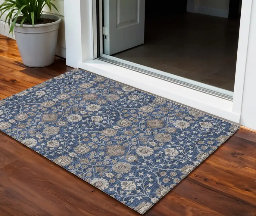 Navy Blue Brown And Beige Floral Washable Indoor Outdoor Area Rug Photo 1