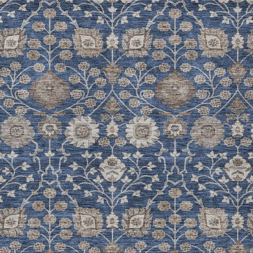 Navy Blue Brown And Beige Floral Washable Indoor Outdoor Area Rug Photo 5