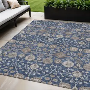 Photo of Navy Blue Brown And Beige Floral Washable Indoor Outdoor Area Rug