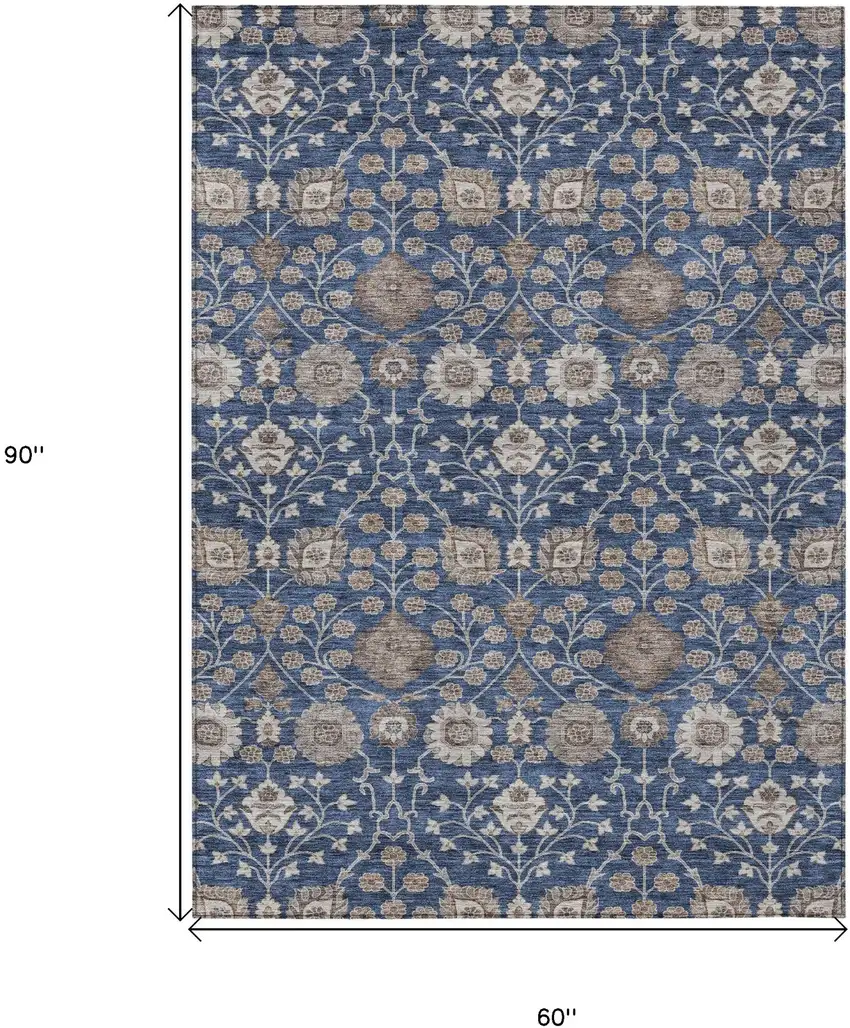 Navy Blue Brown And Beige Floral Washable Indoor Outdoor Area Rug Photo 7