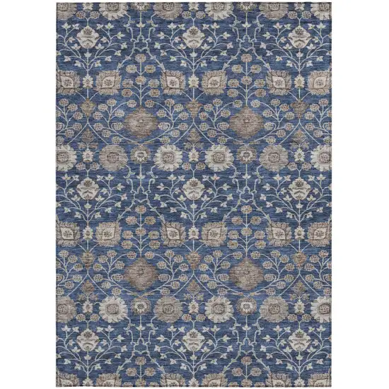 Navy Blue Brown And Beige Floral Washable Indoor Outdoor Area Rug Photo 6