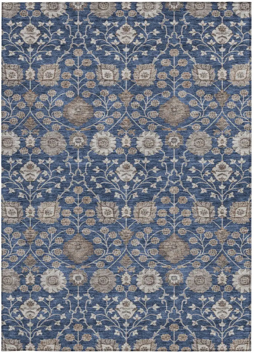 Navy Blue Brown And Beige Floral Washable Indoor Outdoor Area Rug Photo 6