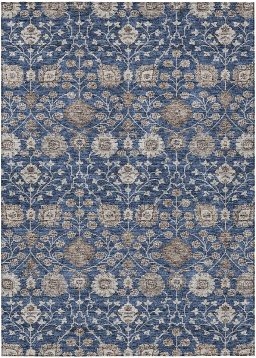 Navy Blue Brown And Beige Floral Washable Indoor Outdoor Area Rug Photo 2